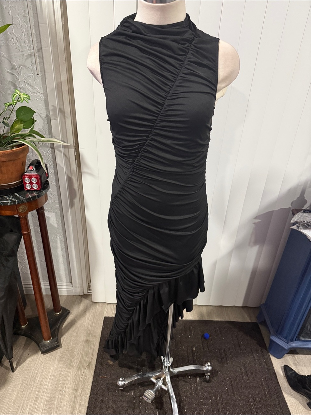 Sleeveless Black Ruched Asymmetrical Dress